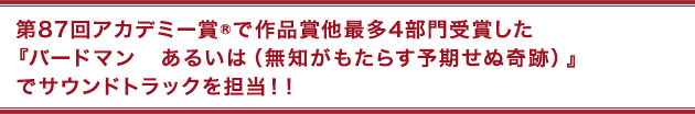 第87回アカデミー賞®で作品賞他最多4部門受賞した『バードマン あるいは（無知がもたらす予期せぬ奇跡）』でサウンドトラックを担当！！